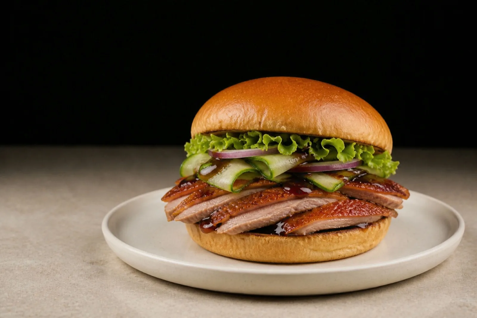 A Peking duck burger, product rendering
