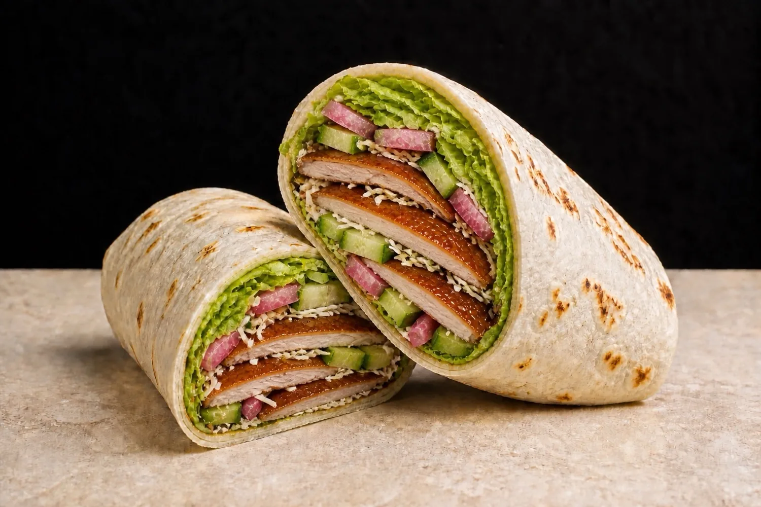 A duck burrito cut in half, showing sliced duck, cucumber, sesame and radish