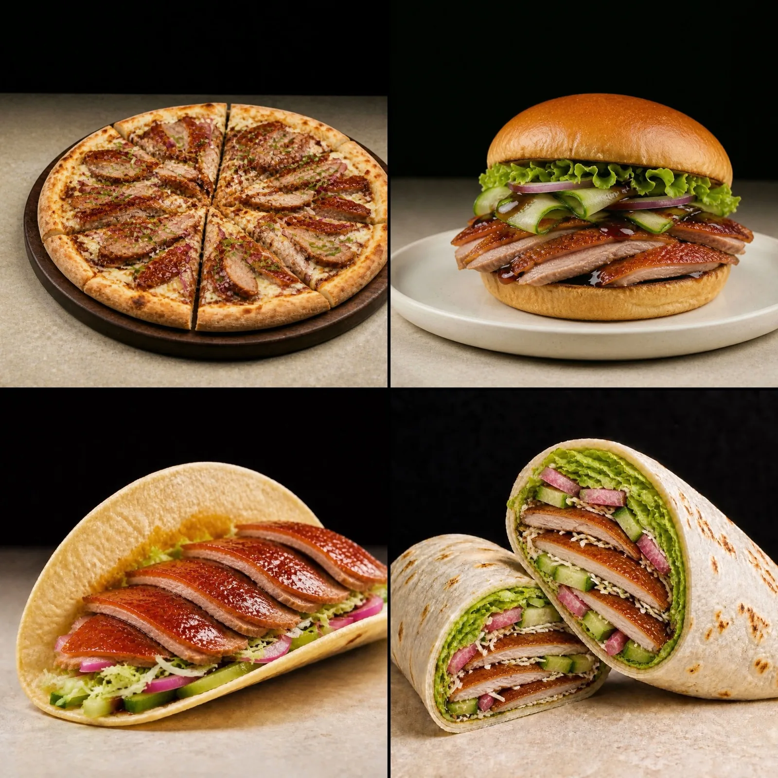 Four formats: duck pizza, duck burger, duck taco and duck burrito