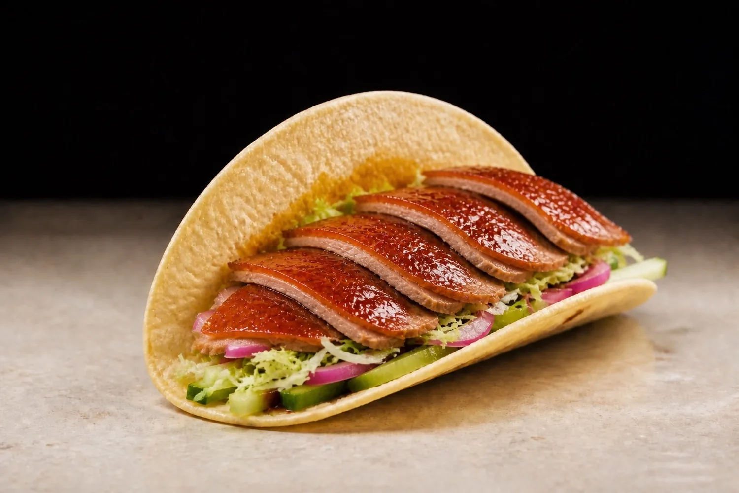 A duck taco: lacquered sliced duck on a corn tortilla with cucumber and pickled onion