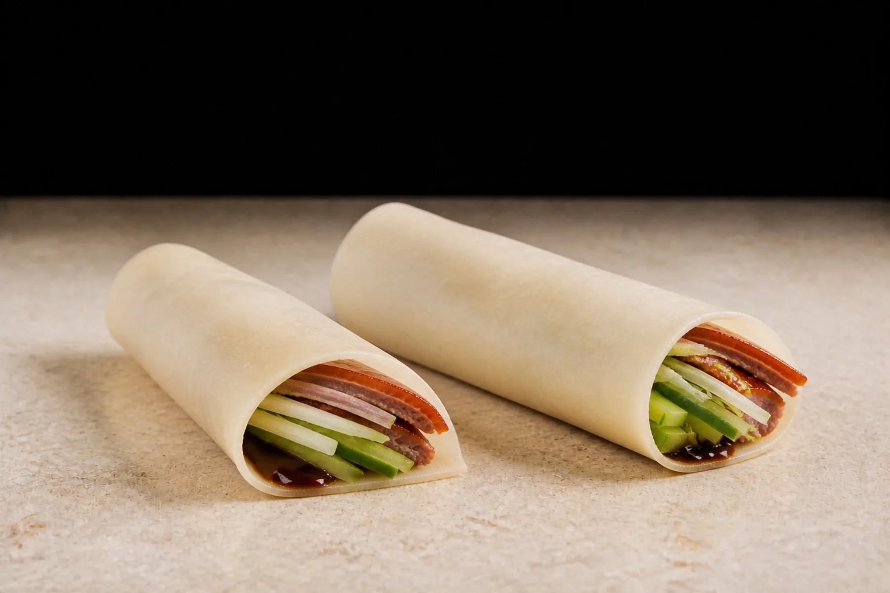 A rolled Peking duck wrap with cucumber, scallion and sauce