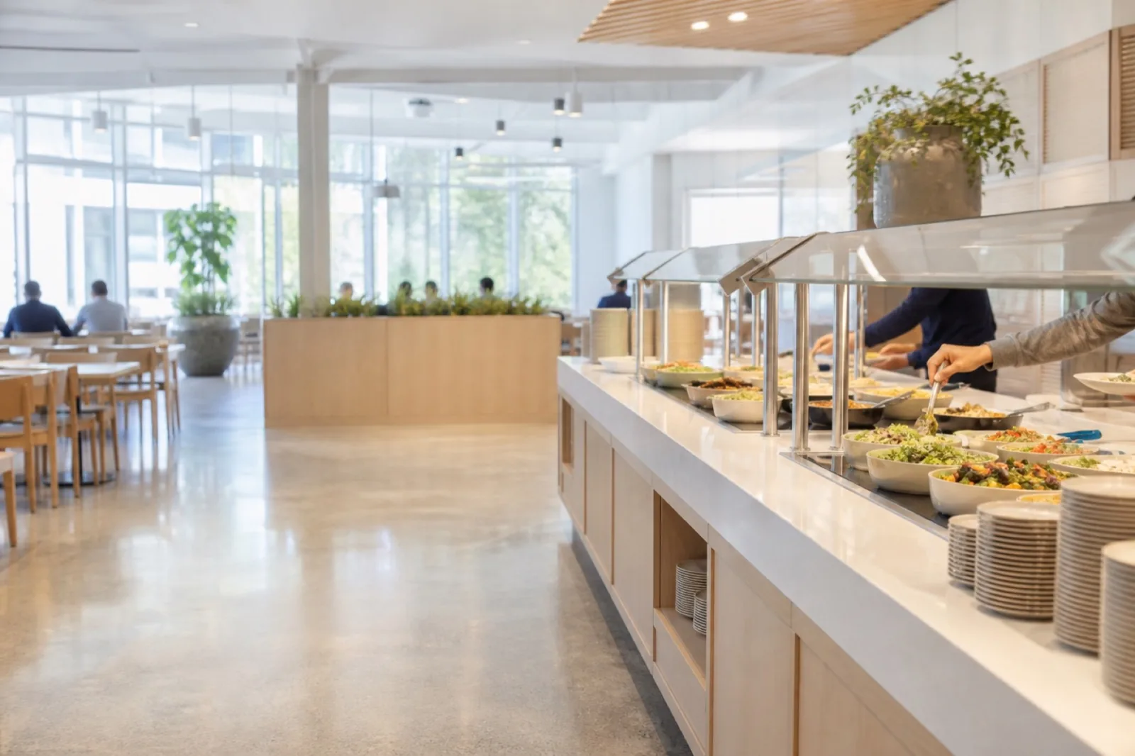A corporate campus dining hall at lunch service