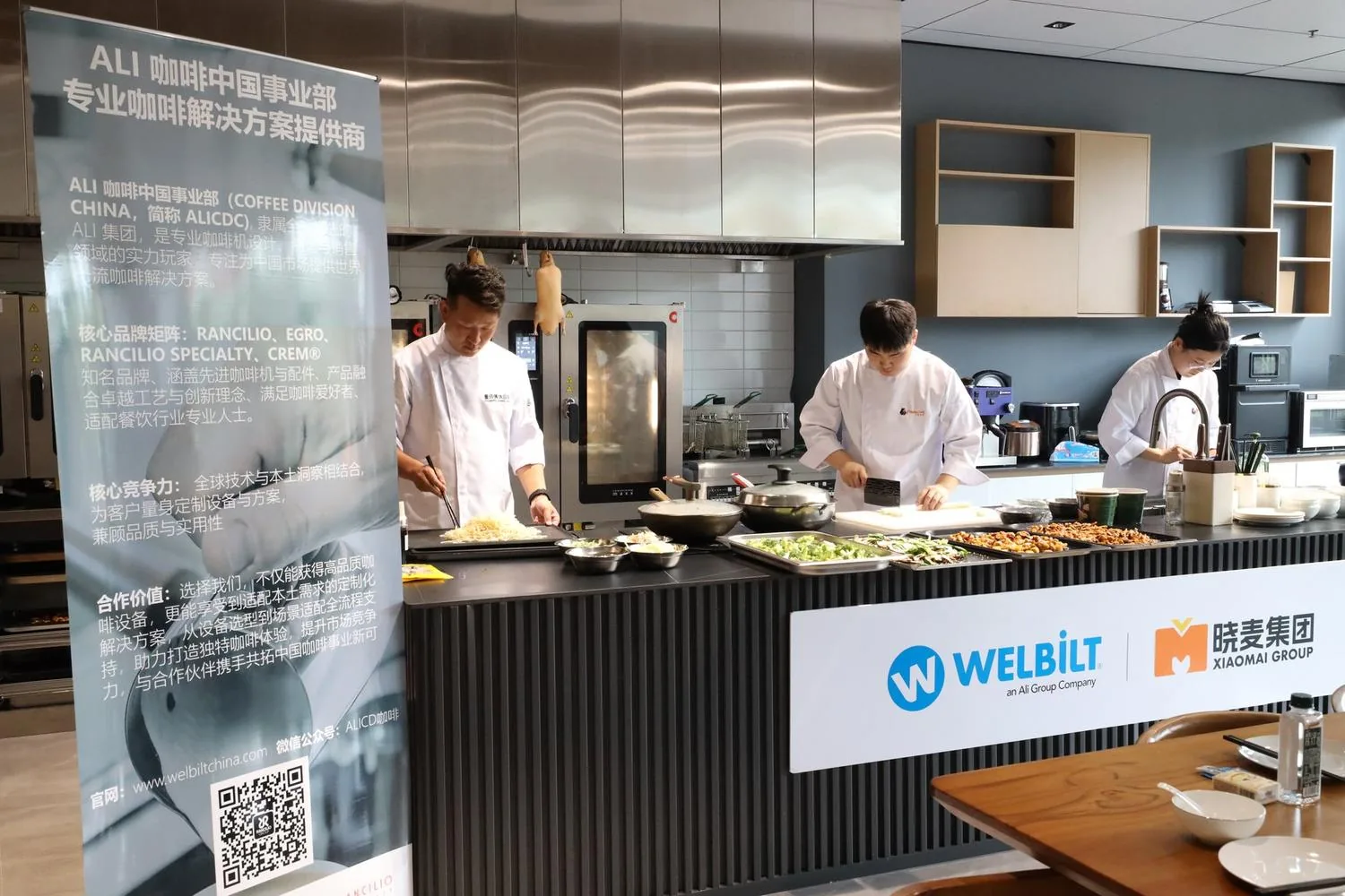 A joint WELBILT and WheaTech Group demonstration kitchen at an industry event